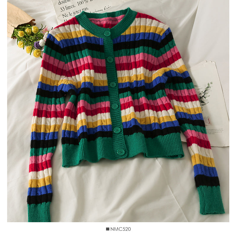 Eleganter einreihiger dünner Damenpullover mit Farbstreifen 1788