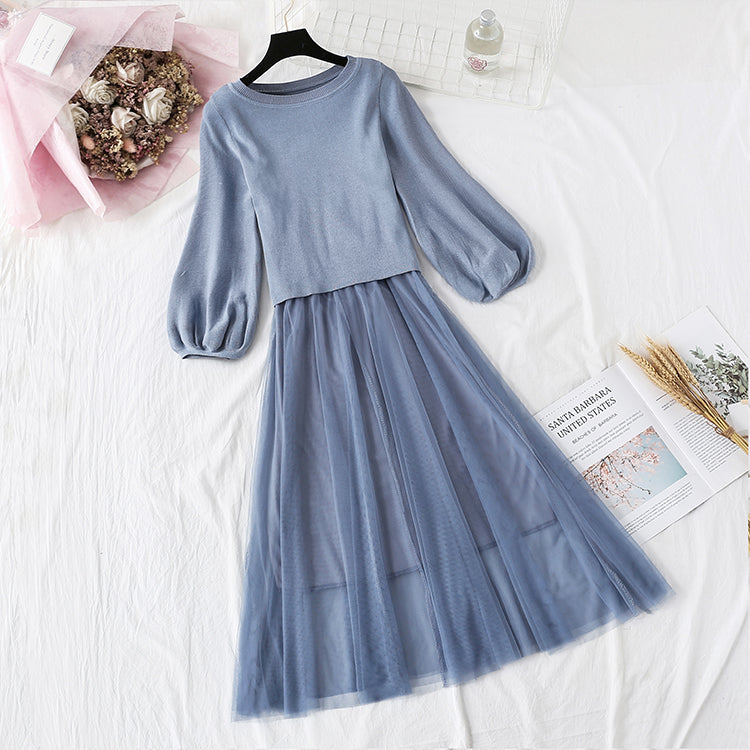 Suit bubble sleeve fairy suspender mesh skirt fashion two-piece set  2146