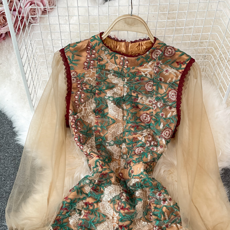 Stand collar mesh embroidery waist bag hip dress  3328