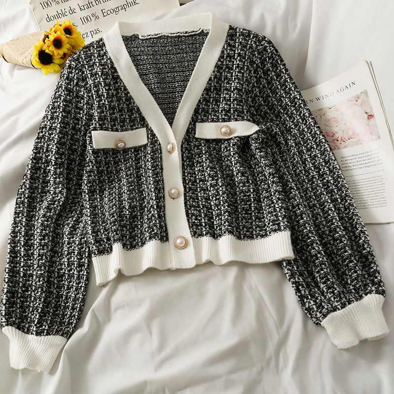 V-Neck long sleeved cardigan versatile sweater coat fashion  1736