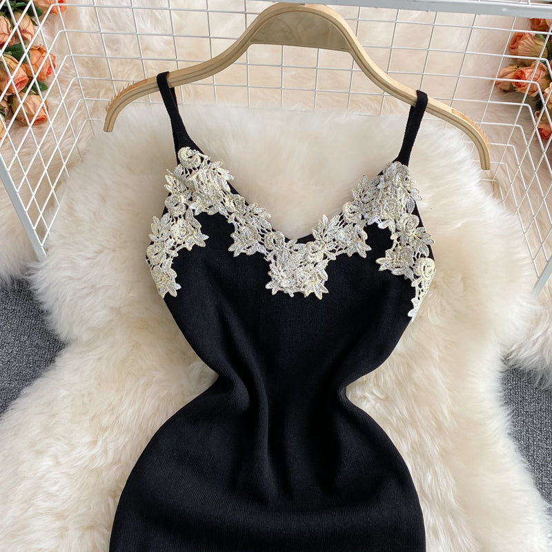 French retro Flower Embroidered backless knitted buttock dress  2782