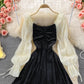 Square neck velvet waist puffy dress  3372