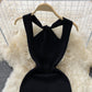 Hanging neck open back square neck knitted Hip Wrap Dress  2768