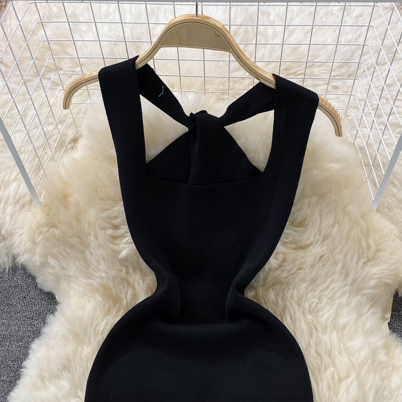 Hanging neck open back square neck knitted Hip Wrap Dress  2768