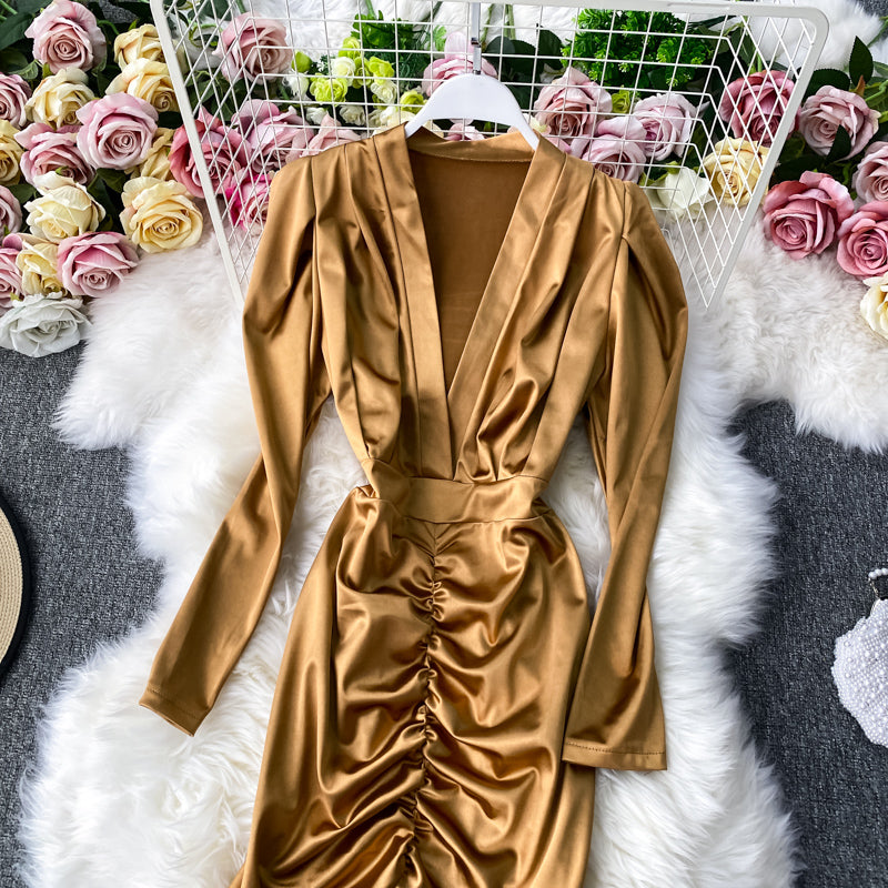 Slim look at the waist silk satin bread hip dress  3143