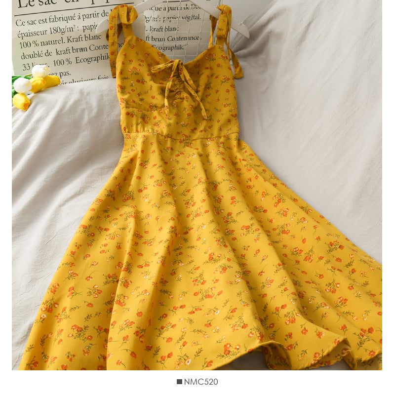 Sweet floral V-neck suspender dress drawstring pleated slim fit  2699