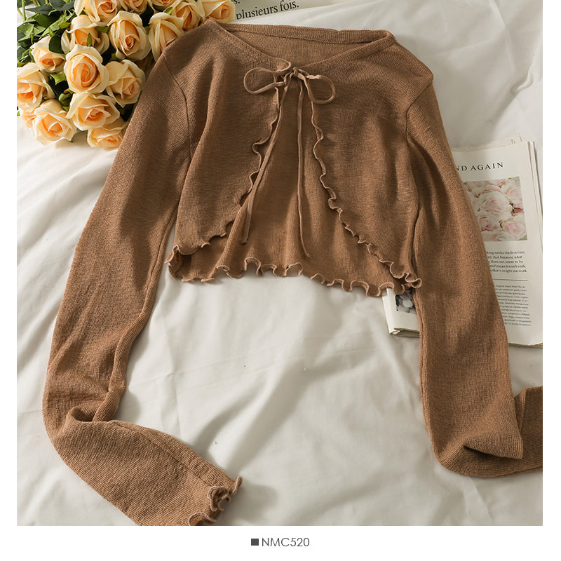 Französischer kleiner Schal Damen dünnes mikrotransparentes Langarm-Pullover-Oberteil 1696