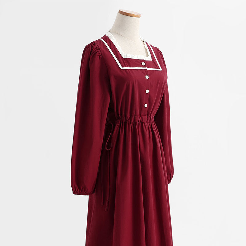French retro long sleeved dress, college style, slim waist, red bottomed skirt  2269