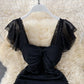 French sexy high waist thin pleated square neck wrap hip dress  2715