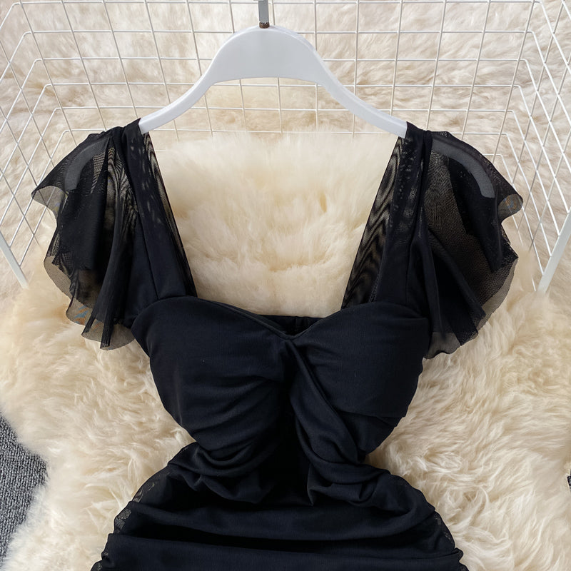 French sexy high waist thin pleated square neck wrap hip dress  2715