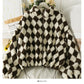 Diamond Plaid high neck bubble sleeve thickened jacket female drawstring lamb wool  2118