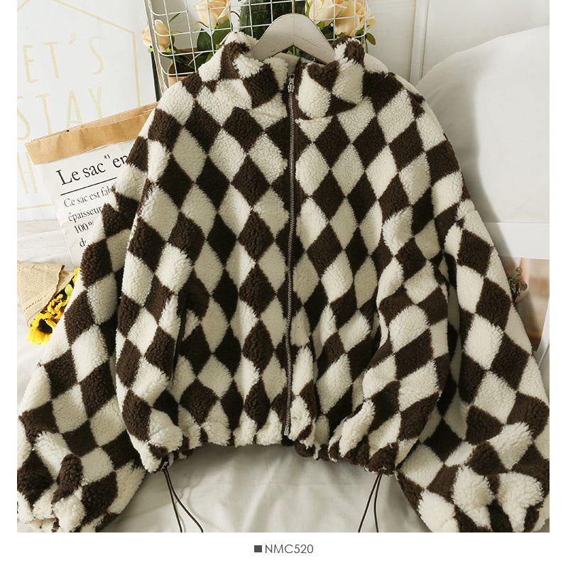 Diamond Plaid high neck bubble sleeve thickened jacket female drawstring lamb wool  2118