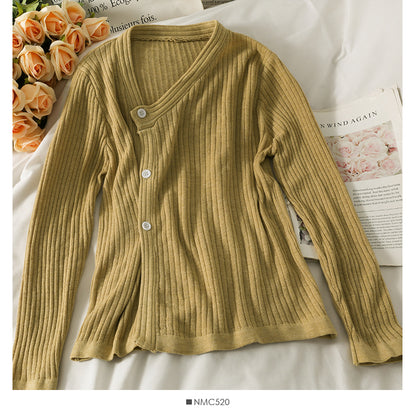 Han Fan irregular single breasted V-Neck long sleeve sweater female  2038