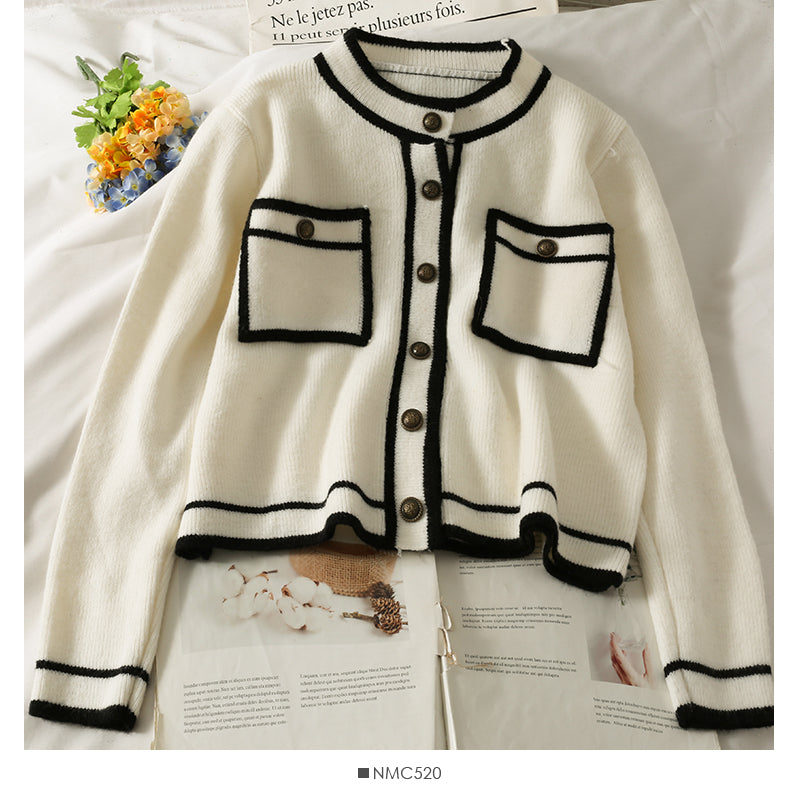Korean stripe stand collar single breasted cardigan sweater female  1802