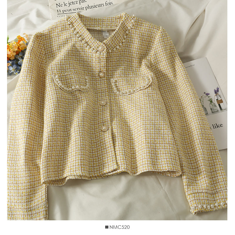Petit cardigan court en tweed à simple boutonnage petit manteau 2092