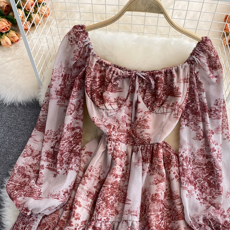 Retro ink painting square neck dress  3000