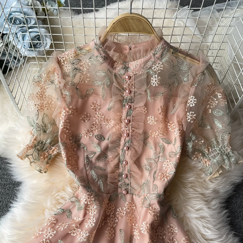 Temperament lace embroidered ear stand collar dress  3319