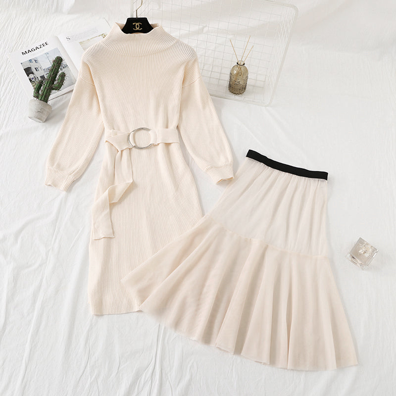 Knitted dress, women's French retro skirt, fashion suit, waist closing, thin temperament  2291