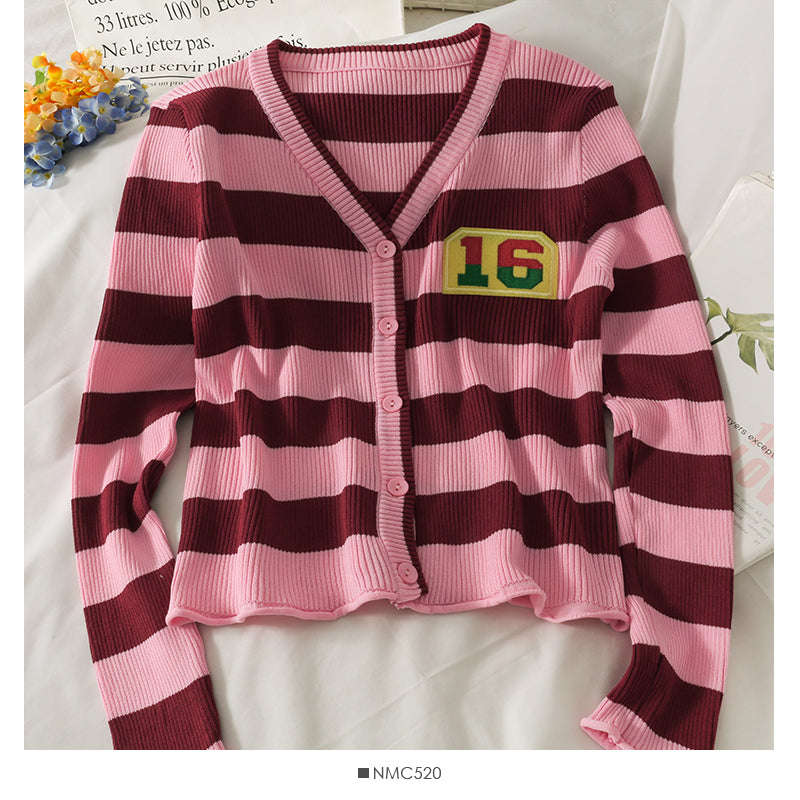 Striped single breasted cardigan long sleeved sweater for women  2061