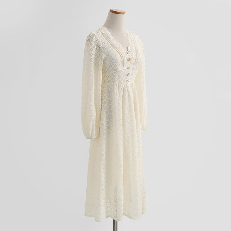 Dress long sleeved fairy lace skirt with thin waist, retro white first love skirt  2337