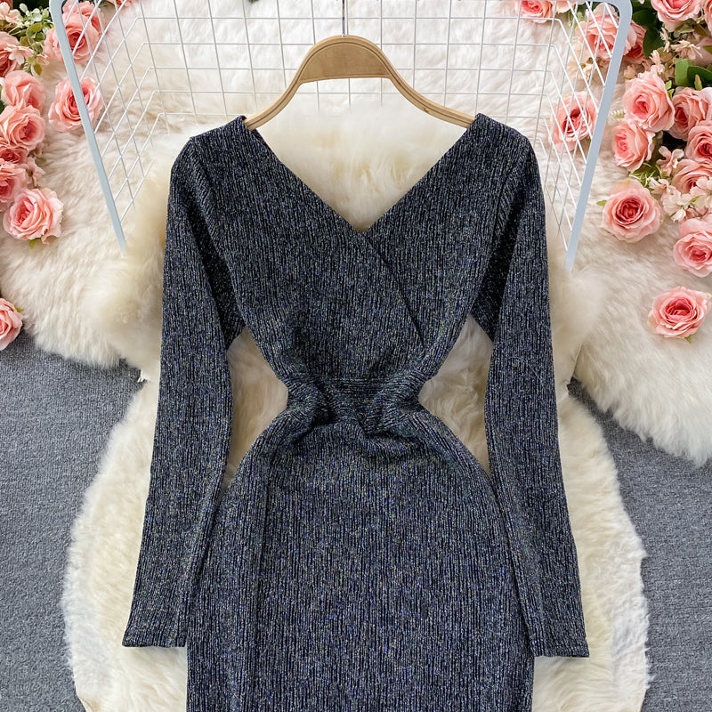 Sexy high elastic V-neck bright silk split buttock fishtail dress  2915