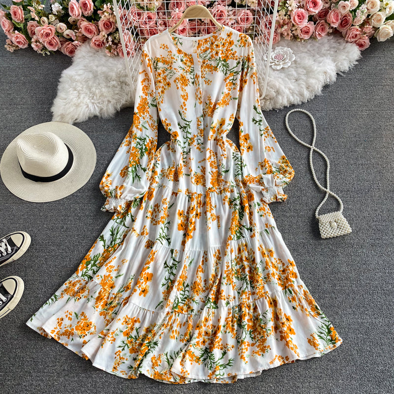 Wind round neck printed Bubble Sleeve Ruffle lace long skirt  3432