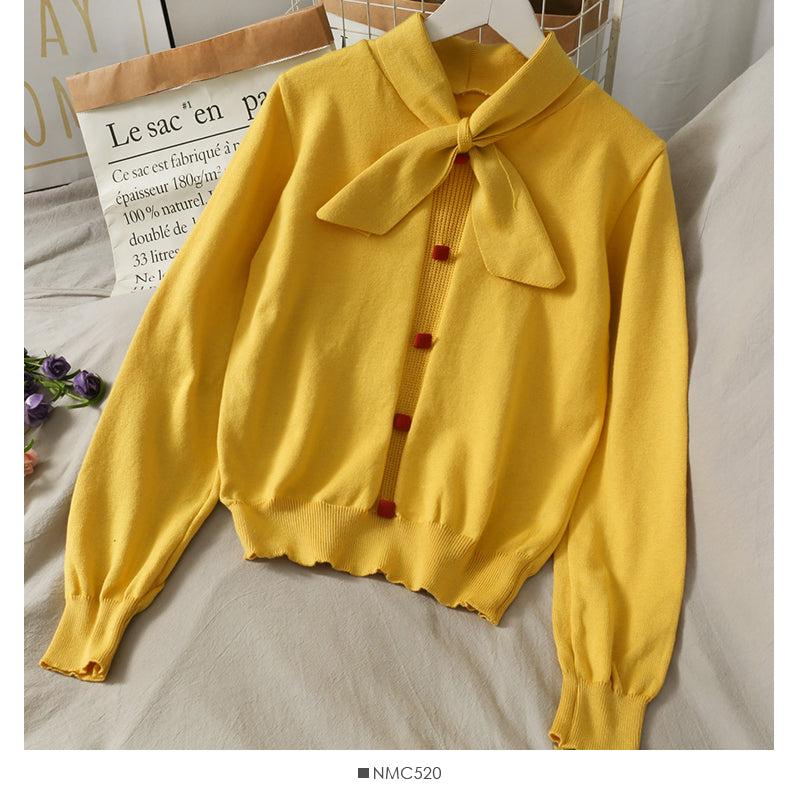 Sweet and versatile bow stand collar single breasted Pullover Sweater  2026
