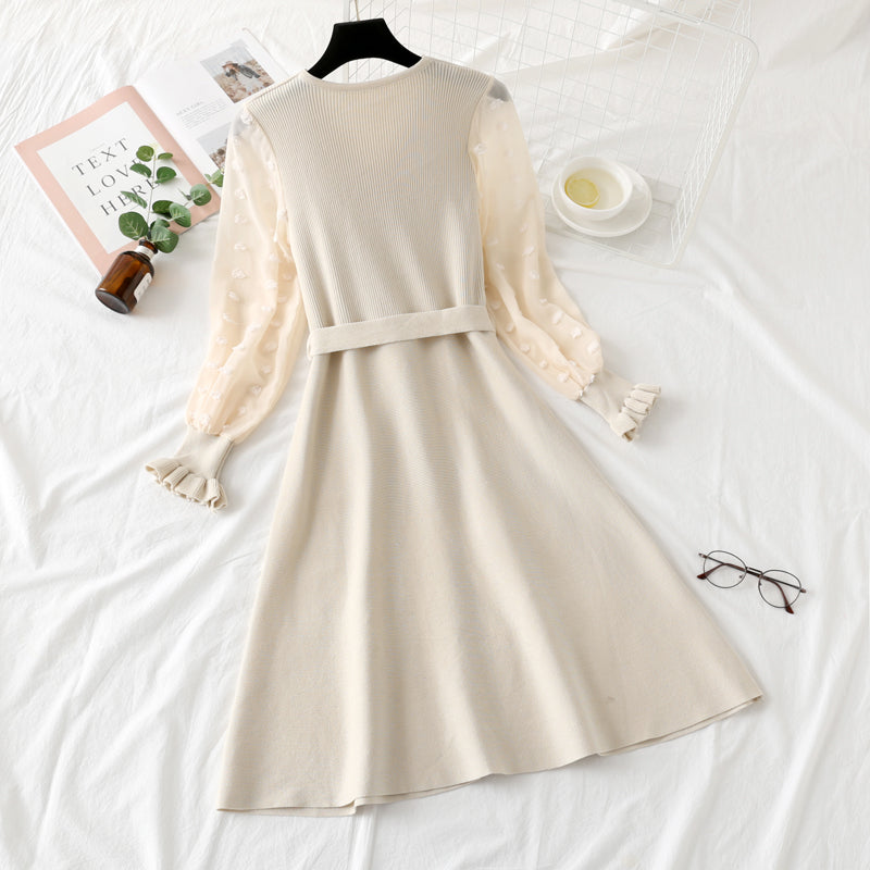 Bottomed skirt bubble sleeve lace stitching long sleeve knitted dress slim fit  2453