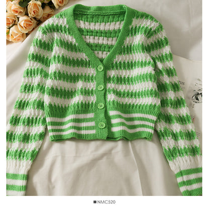 Korean stripe loose and thin short single breasted cardigan sweater  1883