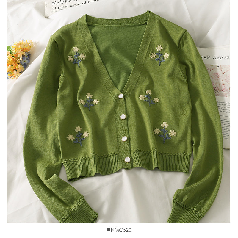 Vintage bestickter kurzer Cardigan einreihiger Langarmpullover 1811