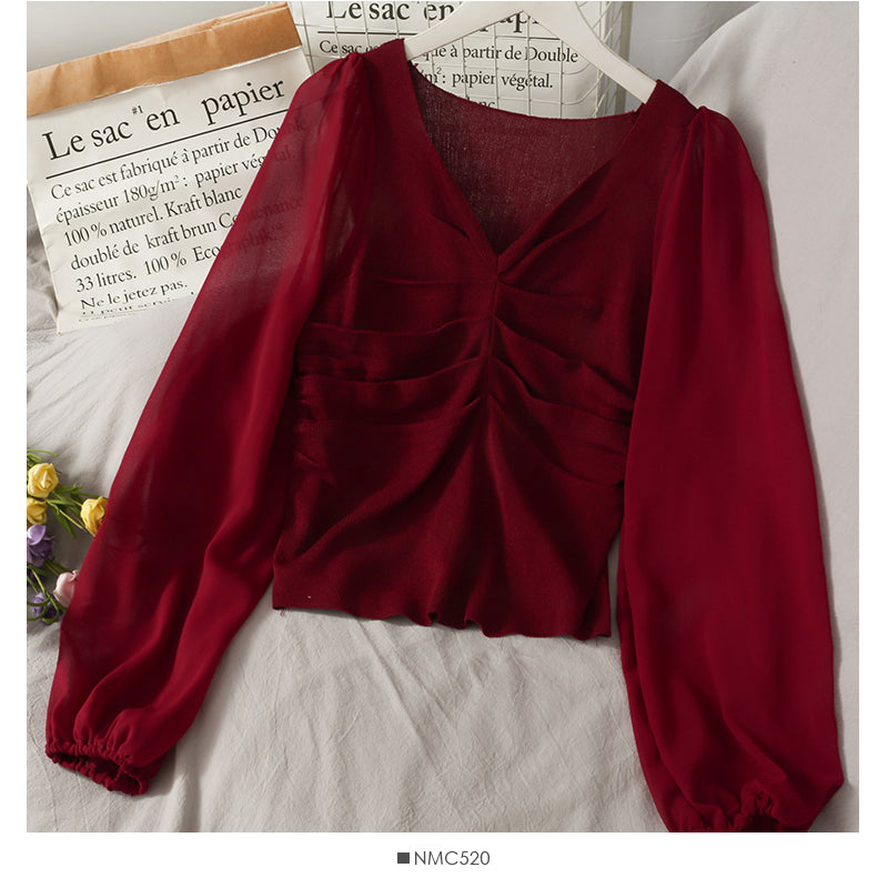 Korean Chiffon stitched bubble long sleeve T-shirt  2027