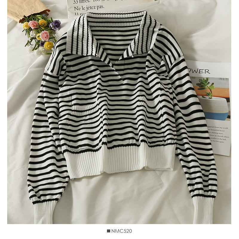 Striped loose thin Lapel long sleeve bottomed Shirt Top  1960