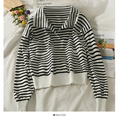 Striped loose thin Lapel long sleeve bottomed Shirt Top  1960
