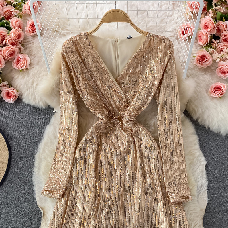 Sexy V-neck irregular Sequin dress  3097