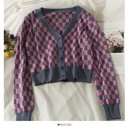 Plaid short single breasted long sleeved cardigan  1855