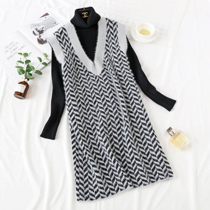 Net red mink velvet checkered sweater vest vest vest dress  2474