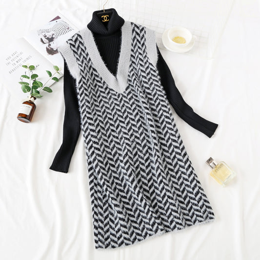 Net red mink velvet checkered sweater vest vest vest dress  2474