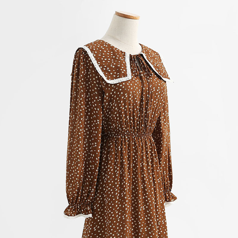 Slim baby collar coffee floral dress lace up dress  2321