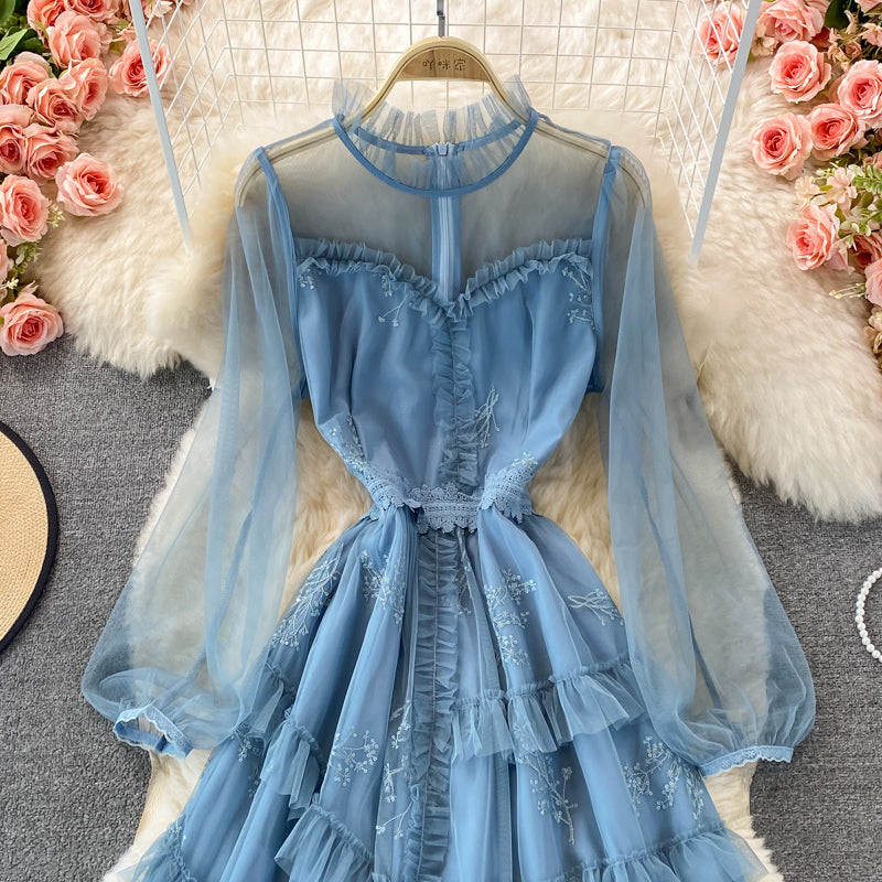 Super xiansen series fungus edge stand collar mesh dress  3263