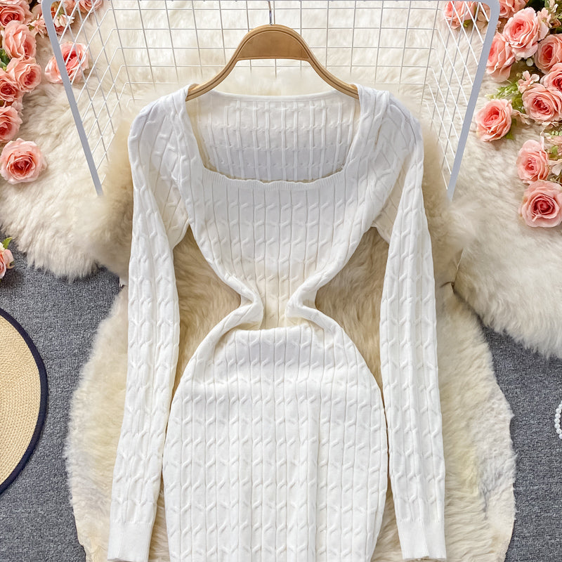 Square neck slim knit dress  3353