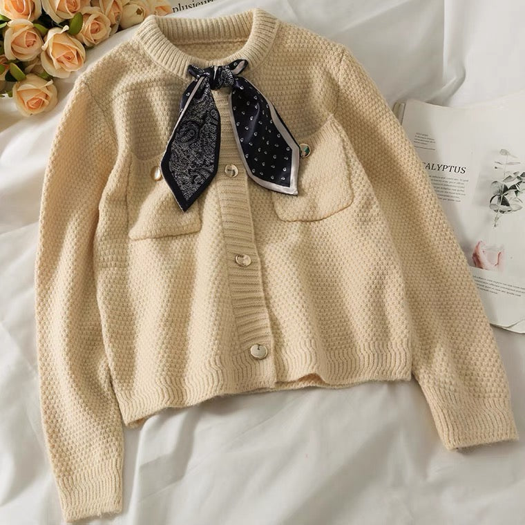 Haut cardigan vintage en tricot ample à simple boutonnage et à manches longues avec nœud papillon 1448