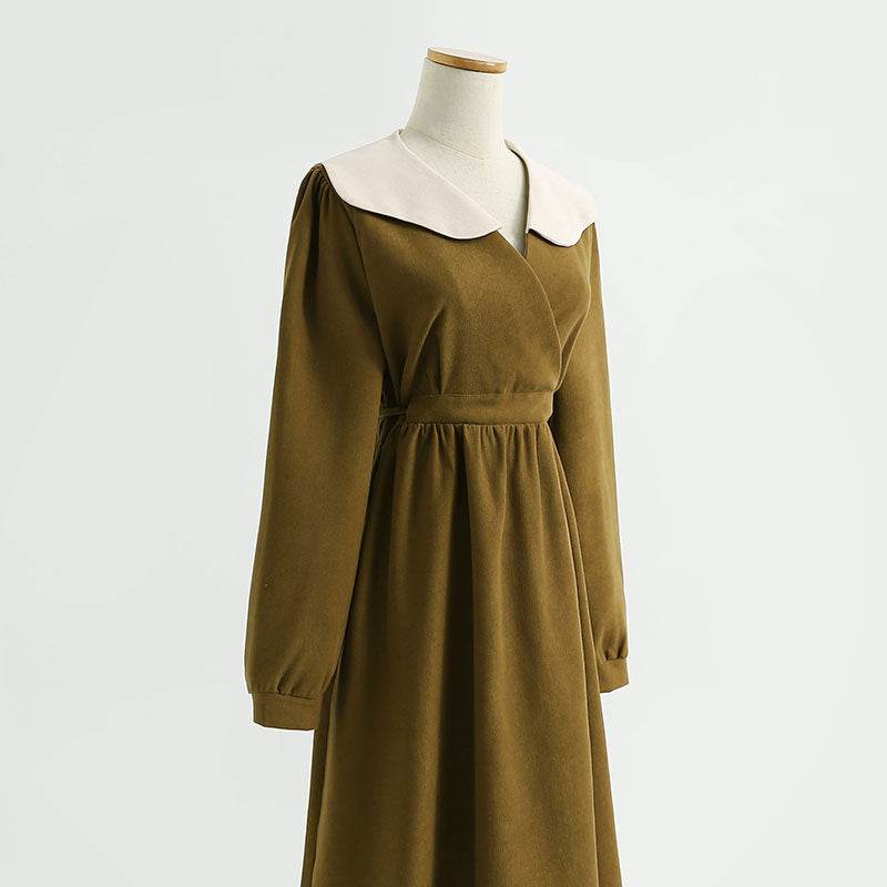 New French dress Hepburn wind lamp corduroy bottomed skirt baby collar skirt  2239