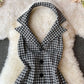 French retro waistband neckline Plaid Dress  2966