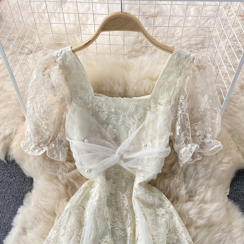 Temperament mesh stitched fairy skirt bubble sleeve dress  3332