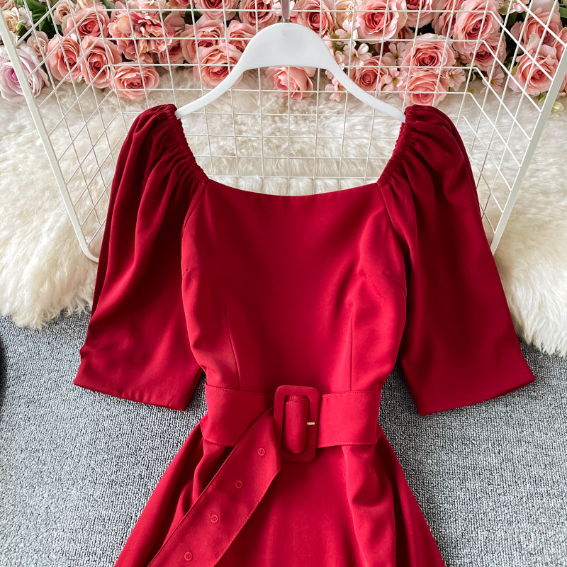 French square neck bubble sleeve lace up waist slim backless dress  3170