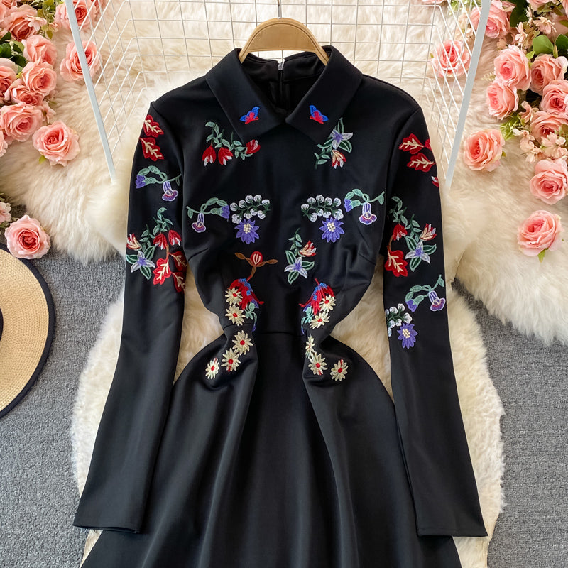 Celebrity temperament high-end Lapel embroidery dress  2916