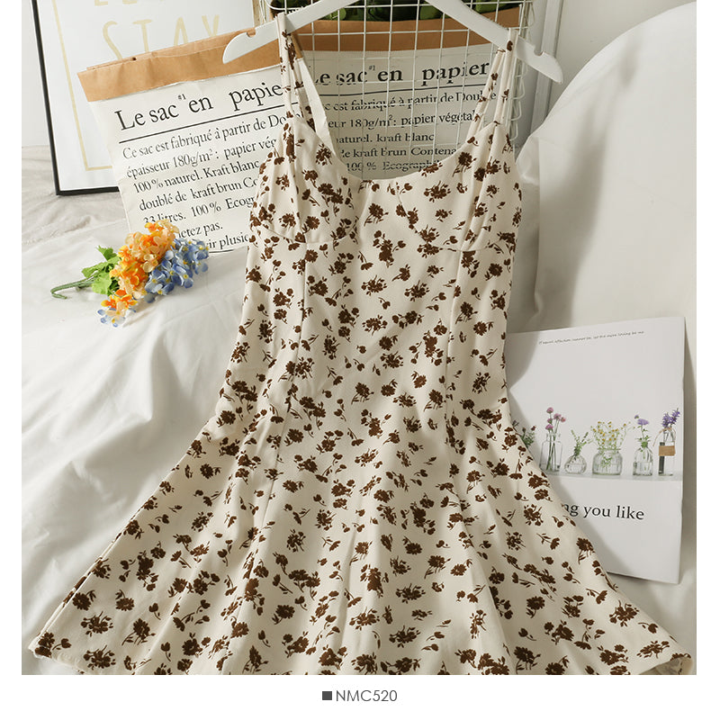 Hong Kong style retro small fresh broken flower low neck backless suspender skirt  2688