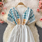 Embroidered V-neck cotton linen dress  3078