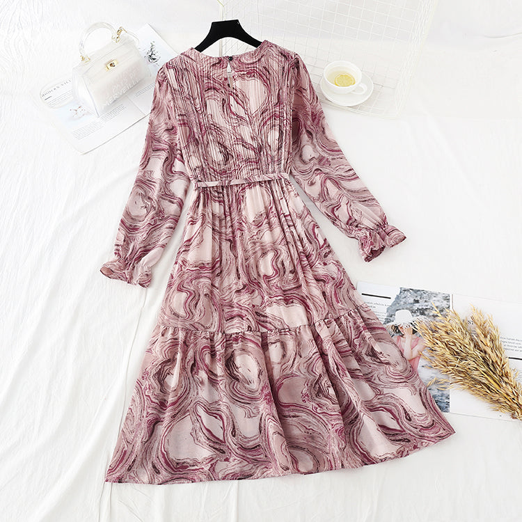 French retro interior with bottom over knee Chiffon loose pleated long skirt  2386
