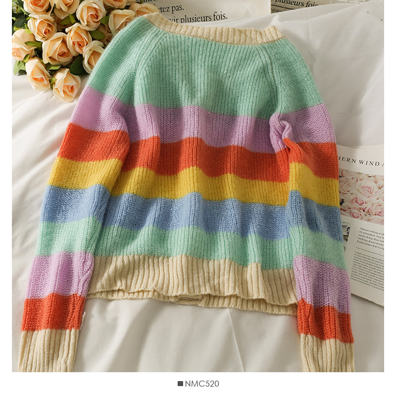 Elegant color stripe single breasted cardigan long sleeved sweater  1991